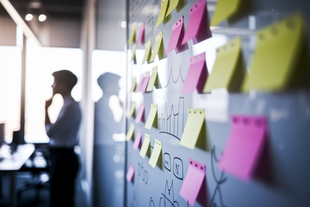 bureau-flou-tableau-blanc-postits-silhouette