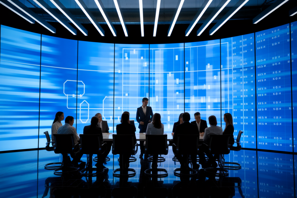 bureau-moderne-ecrans-equipe-silhouette