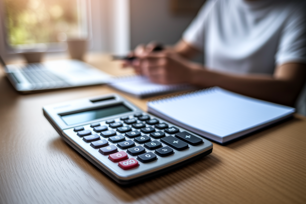 calculatrice-bloc-notes-table-bois-lumiere-naturelle