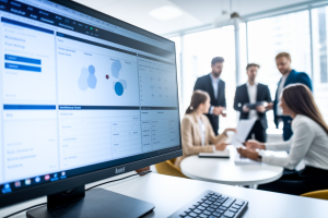 ecran-interface-floue-equipe-bureau