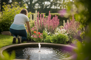 personne-agenouillee-bassin-fleurs