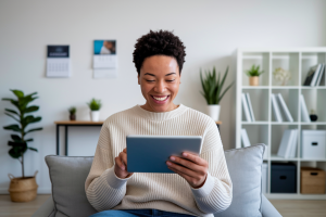 personne-souriante-salon-minimaliste-tablette