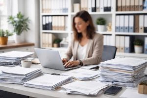 personne-bureau-papiers-ordinateur-etageres