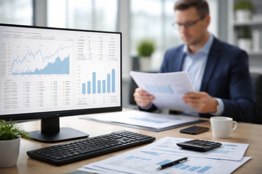 bureau-moderne-documents-financiers-ordinateur