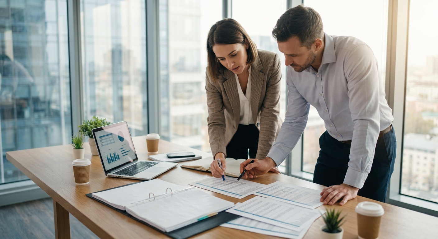 entrepreneur et auditeur financier analysant des documents comptables sur un bureau