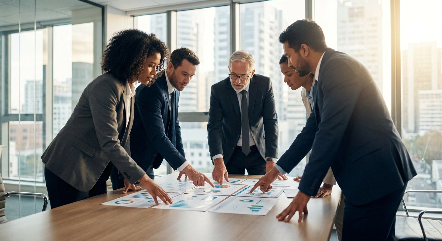 réunion entre investisseurs et dirigeant d'entreprise autour d'un rapport financier